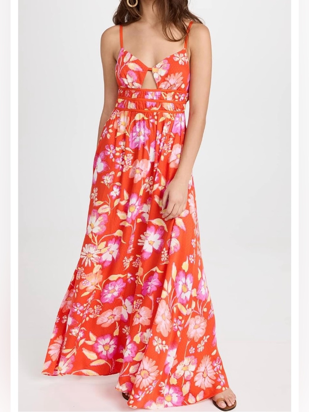 Free People Wisteria Bright Orange Floral Maxi Dress with Pink Accents